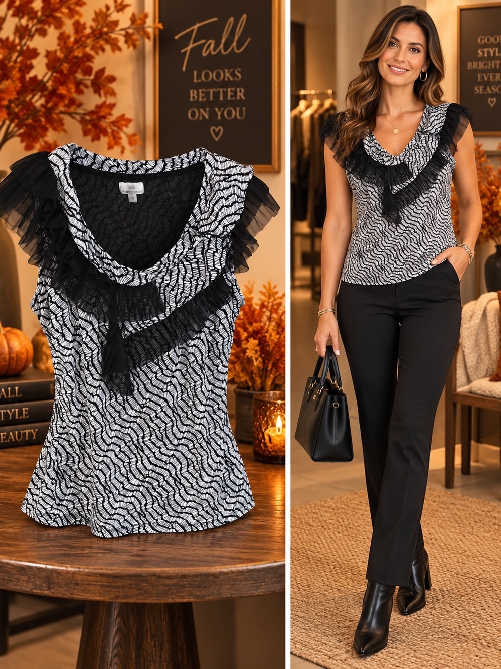 Worthington Ruffle Patterned Sleeveless Top Blouse S Y2K Whimsigoth Gothchic